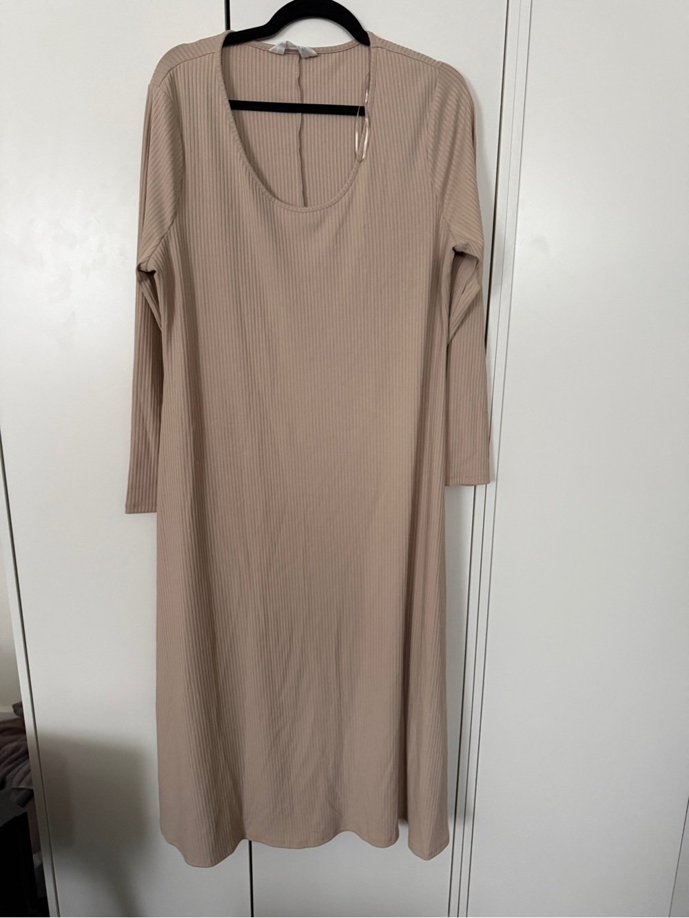 Classic Ribbed Long Sleeve Dress in Beige XL
